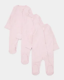 Clearance Dunnes Stores Cotton Pink Two-Way-Zip Sleepsuit - Pack Of 3 (Newborn-12 Months)