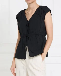Online Dunnes Stores Gallery Freida Shirred Bow Tie Front Black Blouse