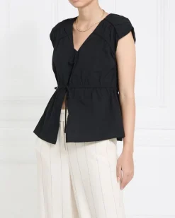 Online Dunnes Stores Gallery Freida Shirred Bow Tie Front Black Blouse