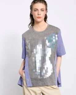 Discount Dunnes Stores Joanne Hynes The 'Artisan' Half Jersey Half Pinstripe Shirt Top