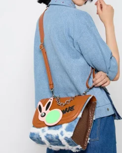 Outlet Dunnes Stores Joanne Hynes 'MINE' Faux-Feather Denim Satchel Bag With PU Rabbit Keyring