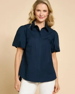 Fashion Dunnes Stores Paul Costelloe Living Studio Navy Puff Sleeve Shirt