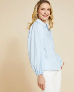 Online Dunnes Stores Paul Costelloe Living Studio Blue Puff Sleeve 100% Linen Shirt