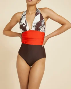 Online Dunnes Stores Paul Costelloe Living Studio Brown and Red Floral Swimsuit