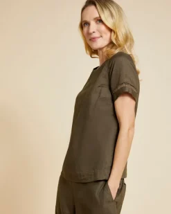 New Dunnes Stores Paul Costelloe Living Studio Khaki Sleeve Detail 100% Linen Shell Top