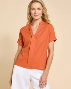 Fashion Dunnes Stores Paul Costelloe Living Studio Rust V-Neck Pleat Front Top