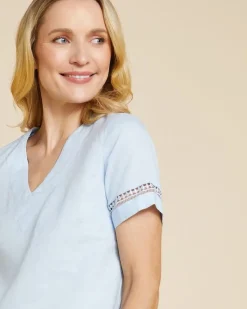 Outlet Dunnes Stores Paul Costelloe Living Studio Blue V-Neck Sleeve Detail 100% Linen Top