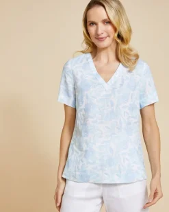 Outlet Dunnes Stores Paul Costelloe Living Studio Blue Print V-Neck 100% Linen Top