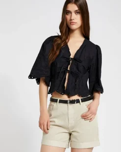Online Dunnes Stores Savida Poplin Embroidered Bow Tie Front Blouse