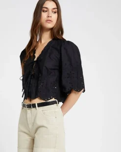 Online Dunnes Stores Savida Poplin Embroidered Bow Tie Front Blouse