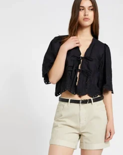 Online Dunnes Stores Savida Poplin Embroidered Bow Tie Front Blouse