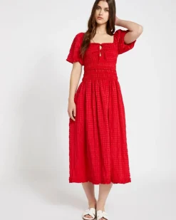 New Dunnes Stores Savida Red Shirred Waist Midi Dress